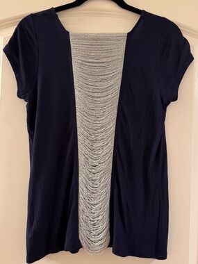 INC  Navy Short-Sleeve Blouse with Silver Draped